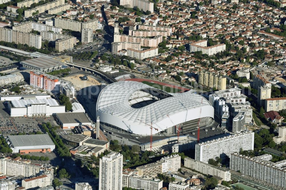 Marseille from above - Sports facility grounds of the Arena stadium Stade Velodrome before the European Football Championship Euro 2016 in Marseille in Provence-Alpes-Cote d’Azur, France