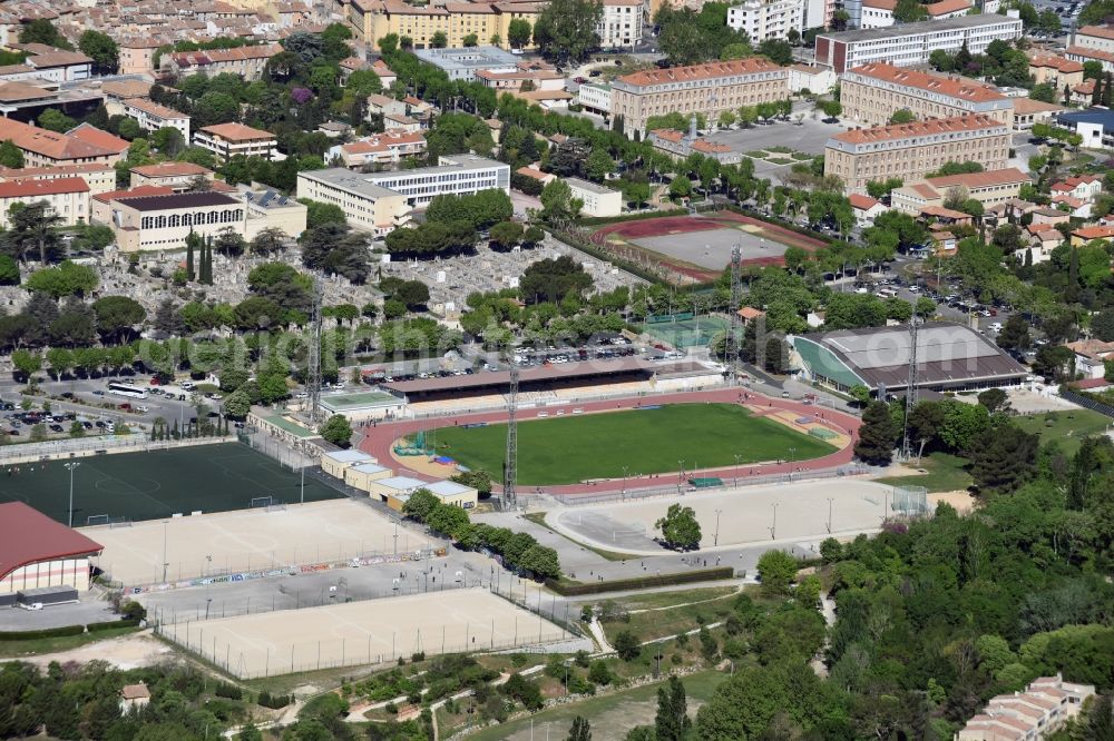 Aix-en-Provence from above - Sports facility grounds of the Arena stadium Stade Georges Carcassonne on Avenue des Ecoles in Aix-en-Provence in Provence-Alpes-Cote d'Azur, France