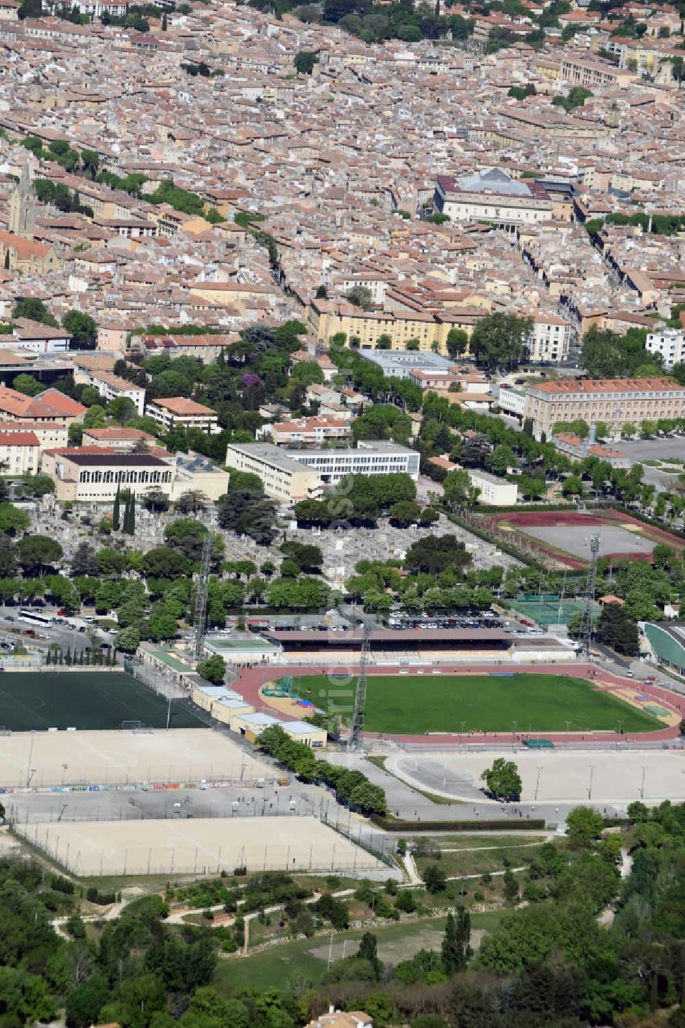 Aix-en-Provence from the bird's eye view: Sports facility grounds of the Arena stadium Stade Georges Carcassonne on Avenue des Ecoles in Aix-en-Provence in Provence-Alpes-Cote d'Azur, France