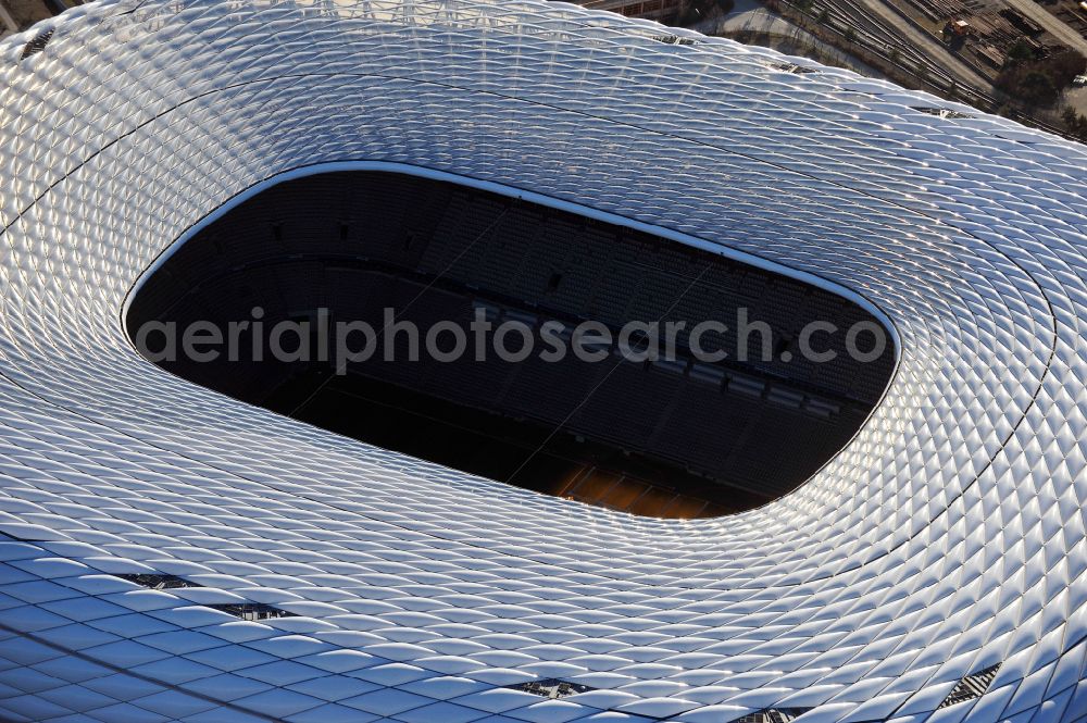 Aerial photograph München - Sports facility grounds of the Arena stadium Allianz Arena on Werner-Heisenberg-Allee in Munich in the state Bavaria, Germany