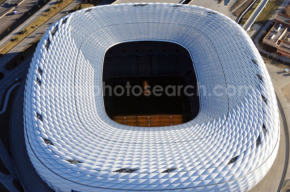 München from above - Sports facility grounds of the Arena stadium Allianz Arena on Werner-Heisenberg-Allee in Munich in the state Bavaria, Germany