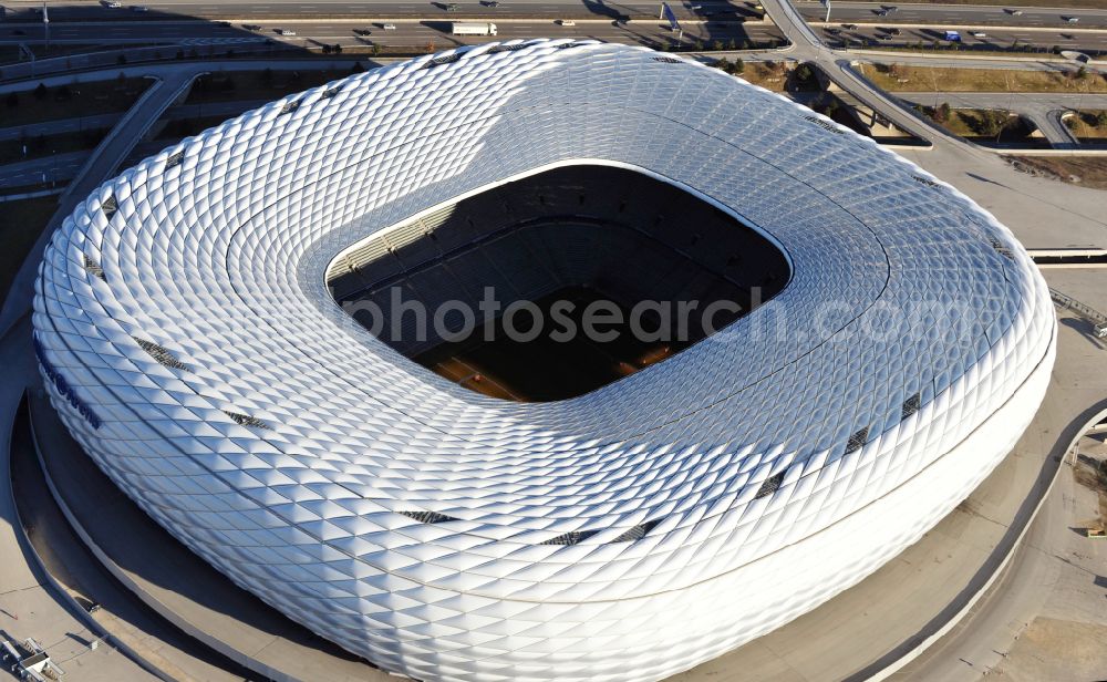 München from the bird's eye view: Sports facility grounds of the Arena stadium Allianz Arena on Werner-Heisenberg-Allee in Munich in the state Bavaria, Germany