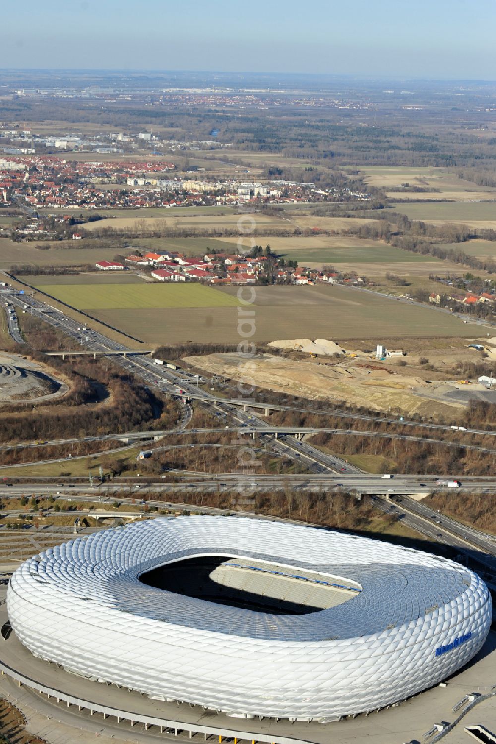 Aerial image München - Sports facility grounds of the Arena stadium Allianz Arena on Werner-Heisenberg-Allee in Munich in the state Bavaria, Germany