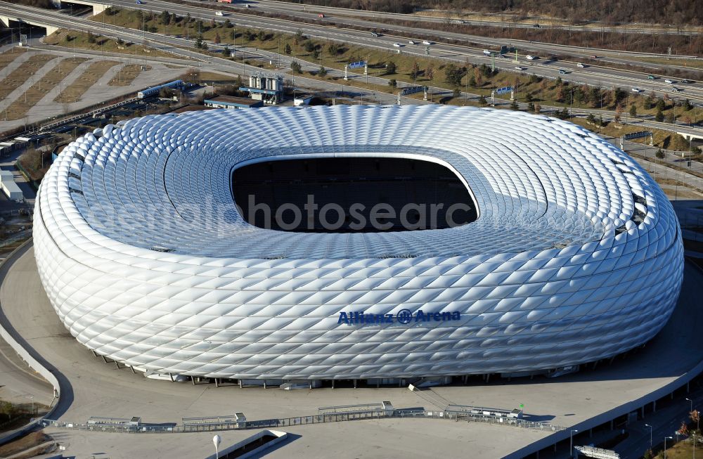 München from the bird's eye view: Sports facility grounds of the Arena stadium Allianz Arena on Werner-Heisenberg-Allee in Munich in the state Bavaria, Germany