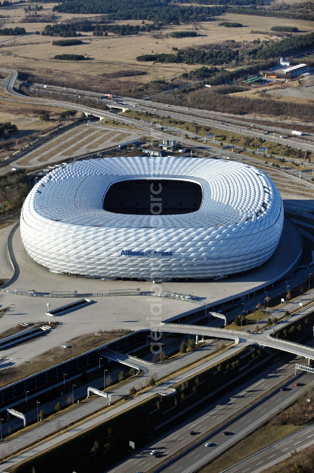 Aerial image München - Sports facility grounds of the Arena stadium Allianz Arena on Werner-Heisenberg-Allee in Munich in the state Bavaria, Germany