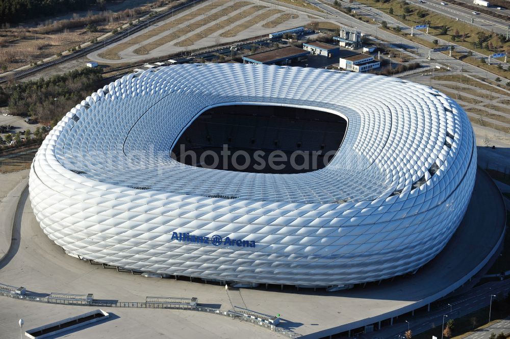 Aerial photograph München - Sports facility grounds of the Arena stadium Allianz Arena on Werner-Heisenberg-Allee in Munich in the state Bavaria, Germany