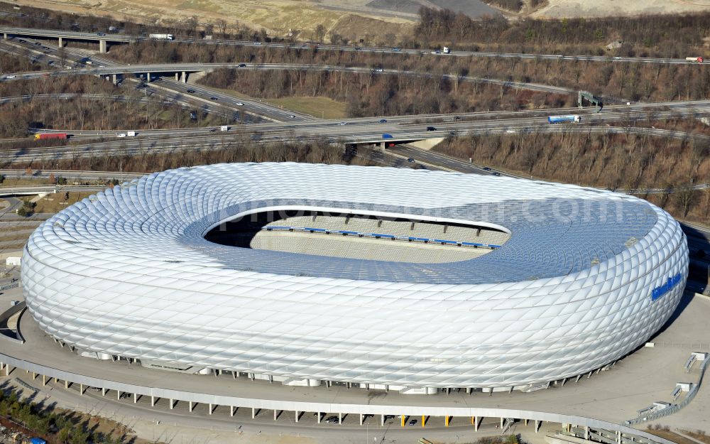 München from above - Sports facility grounds of the Arena stadium Allianz Arena on Werner-Heisenberg-Allee in Munich in the state Bavaria, Germany