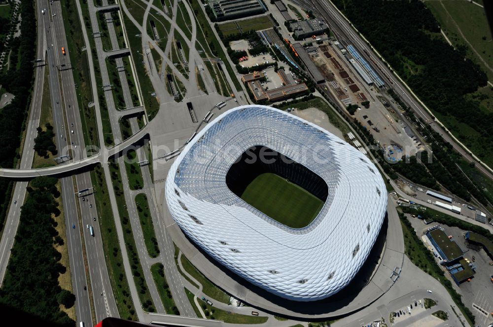 Aerial image München - Sports facility grounds of the Arena stadium Allianz Arena on Werner-Heisenberg-Allee in Munich in the state Bavaria, Germany