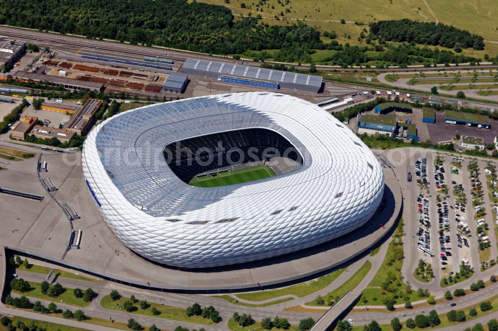 München from above - Sports facility grounds of the Arena stadium Allianz Arena on Werner-Heisenberg-Allee in Munich in the state Bavaria, Germany