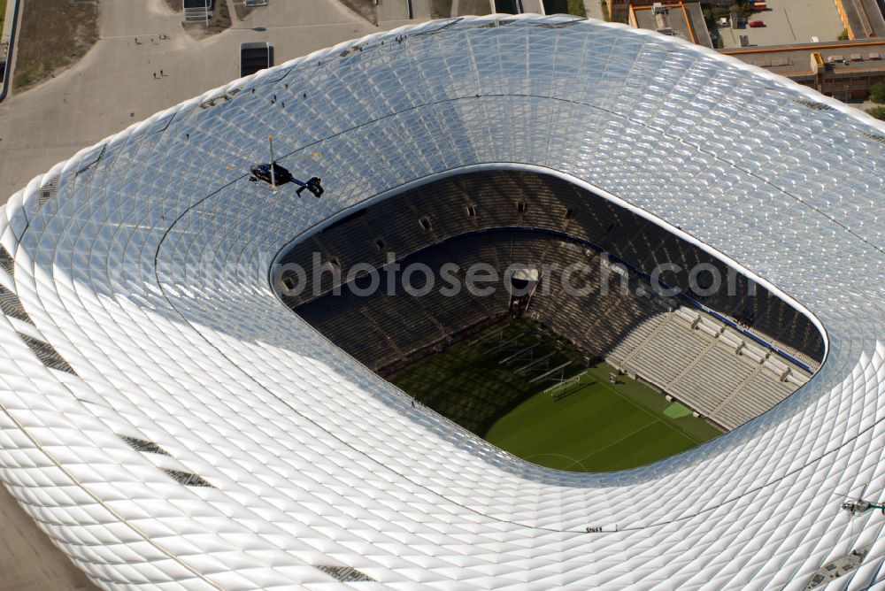 Aerial image München - Sports facility grounds of the Arena stadium Allianz Arena on Werner-Heisenberg-Allee in Munich in the state Bavaria, Germany