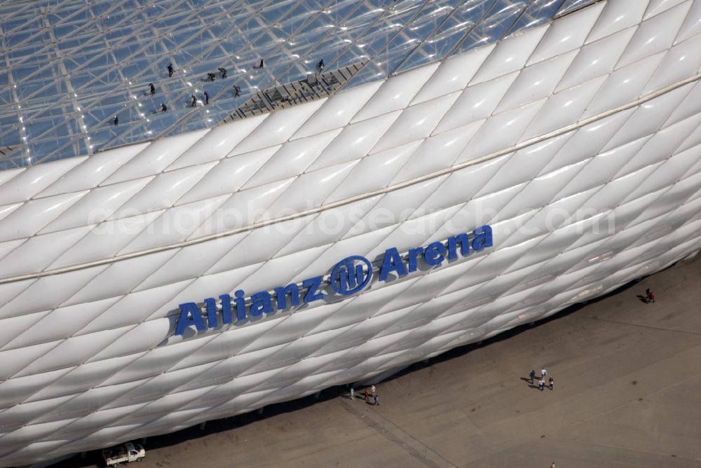 München from above - Sports facility grounds of the Arena stadium Allianz Arena on Werner-Heisenberg-Allee in Munich in the state Bavaria, Germany