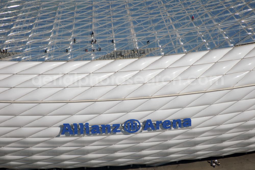 München from the bird's eye view: Sports facility grounds of the Arena stadium Allianz Arena on Werner-Heisenberg-Allee in Munich in the state Bavaria, Germany