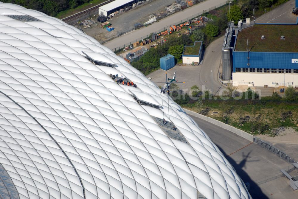 Aerial image München - Sports facility grounds of the Arena stadium Allianz Arena on Werner-Heisenberg-Allee in Munich in the state Bavaria, Germany