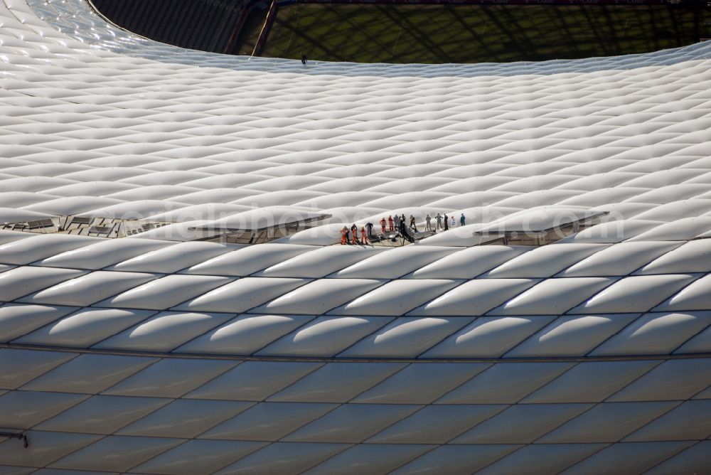 München from above - Sports facility grounds of the Arena stadium Allianz Arena on Werner-Heisenberg-Allee in Munich in the state Bavaria, Germany