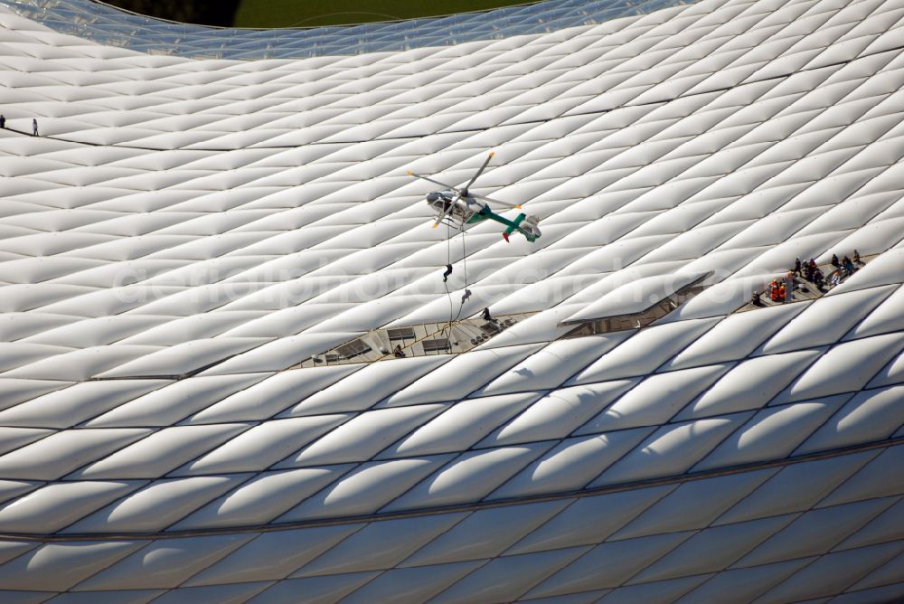 München from the bird's eye view: Sports facility grounds of the Arena stadium Allianz Arena on Werner-Heisenberg-Allee in Munich in the state Bavaria, Germany