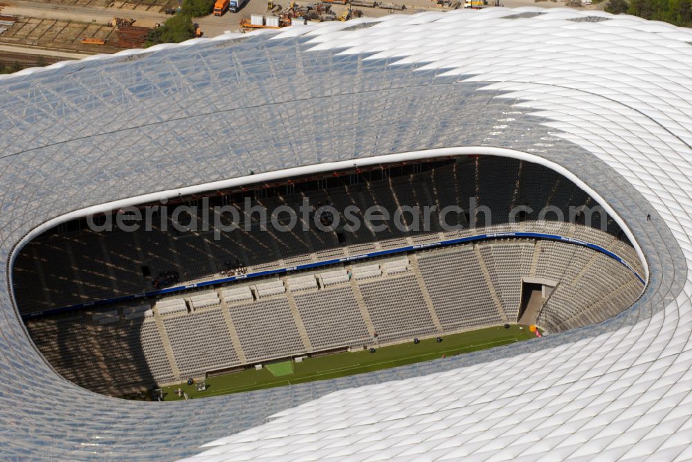 München from above - Sports facility grounds of the Arena stadium Allianz Arena on Werner-Heisenberg-Allee in Munich in the state Bavaria, Germany