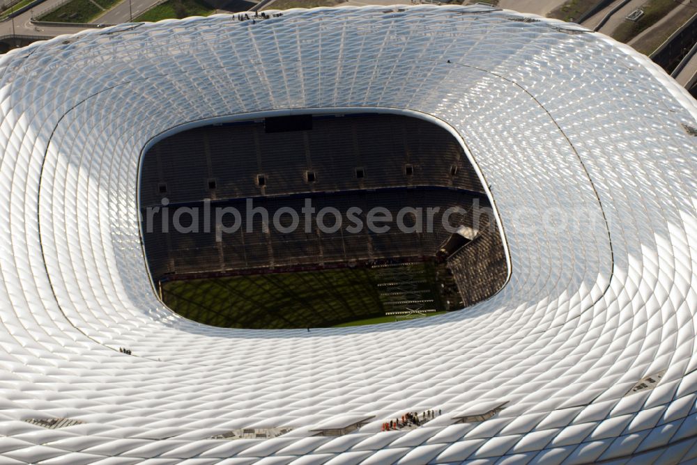 Aerial image München - Sports facility grounds of the Arena stadium Allianz Arena on Werner-Heisenberg-Allee in Munich in the state Bavaria, Germany