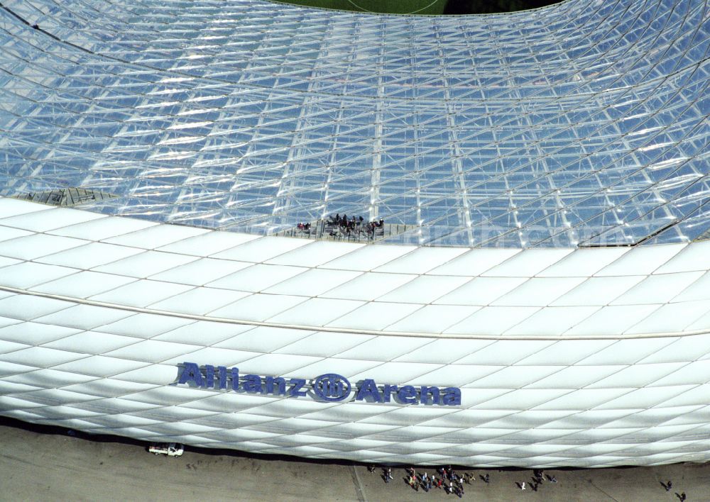 München from above - Sports facility grounds of the Arena stadium Allianz Arena on Werner-Heisenberg-Allee in Munich in the state Bavaria, Germany