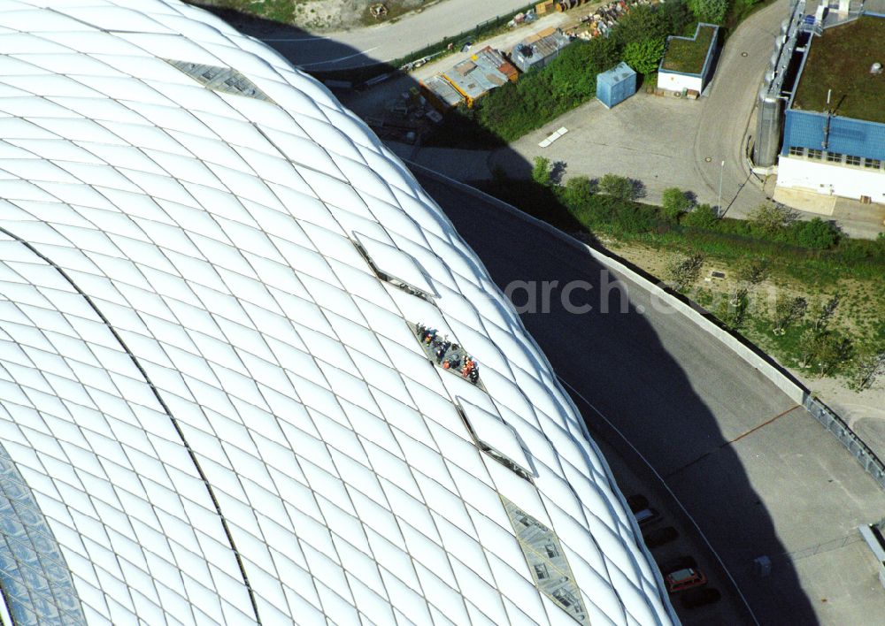 München from the bird's eye view: Sports facility grounds of the Arena stadium Allianz Arena on Werner-Heisenberg-Allee in Munich in the state Bavaria, Germany