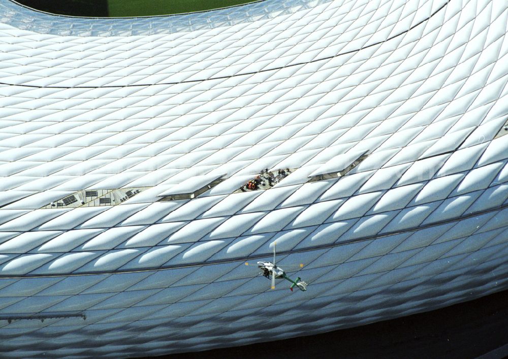 München from above - Sports facility grounds of the Arena stadium Allianz Arena on Werner-Heisenberg-Allee in Munich in the state Bavaria, Germany