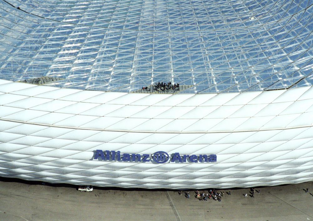 München from the bird's eye view: Sports facility grounds of the Arena stadium Allianz Arena on Werner-Heisenberg-Allee in Munich in the state Bavaria, Germany