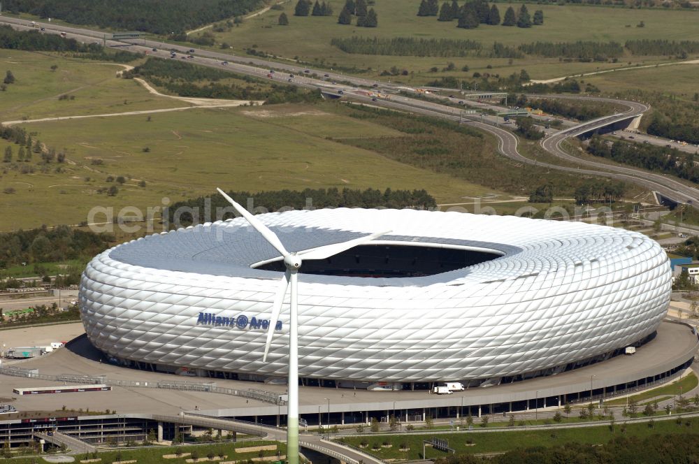 München from the bird's eye view: Sports facility grounds of the Arena stadium Allianz Arena on Werner-Heisenberg-Allee in Munich in the state Bavaria, Germany