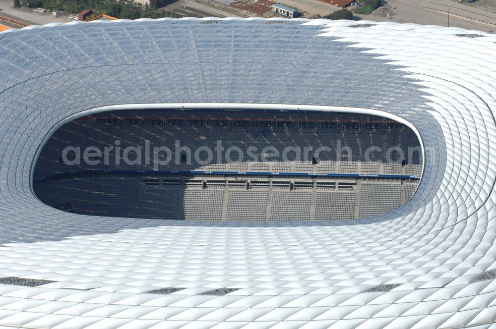 Aerial image München - Sports facility grounds of the Arena stadium Allianz Arena on Werner-Heisenberg-Allee in Munich in the state Bavaria, Germany