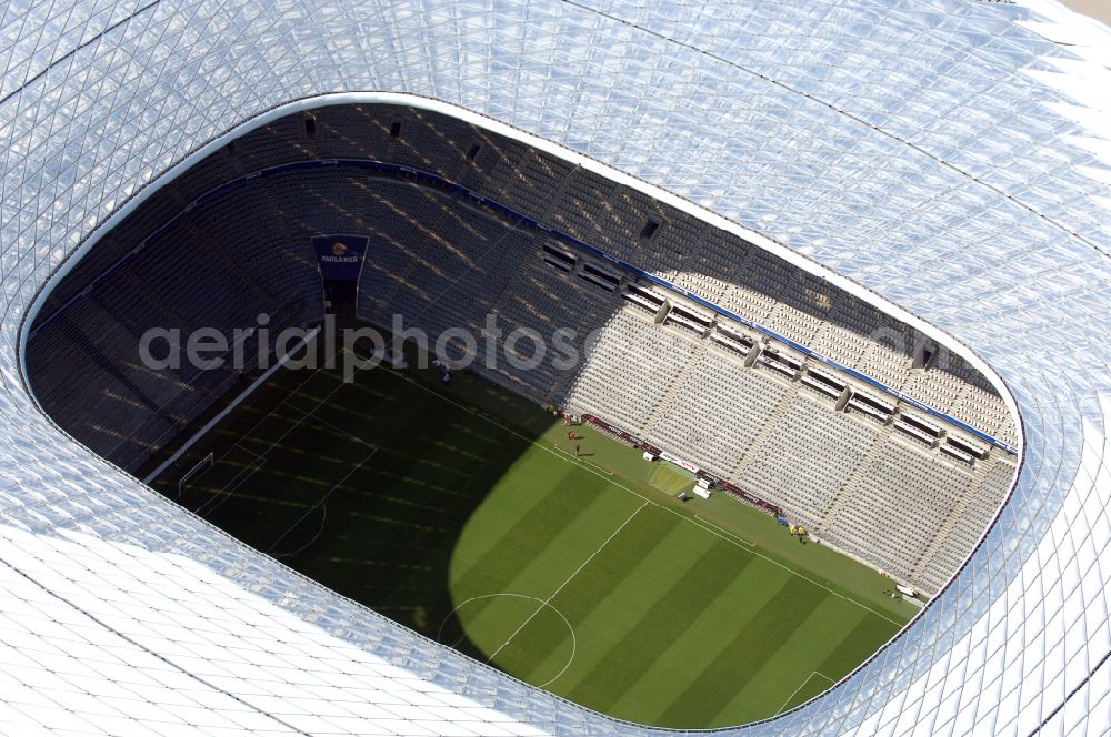 München from the bird's eye view: Sports facility grounds of the Arena stadium Allianz Arena on Werner-Heisenberg-Allee in Munich in the state Bavaria, Germany