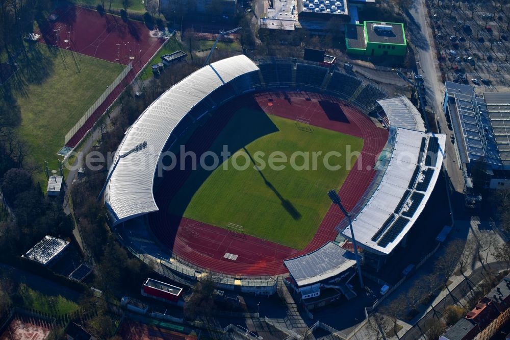 Kassel from above - Sports facility grounds of the Arena stadium Auestadion in Kassel in the state Hesse, Germany