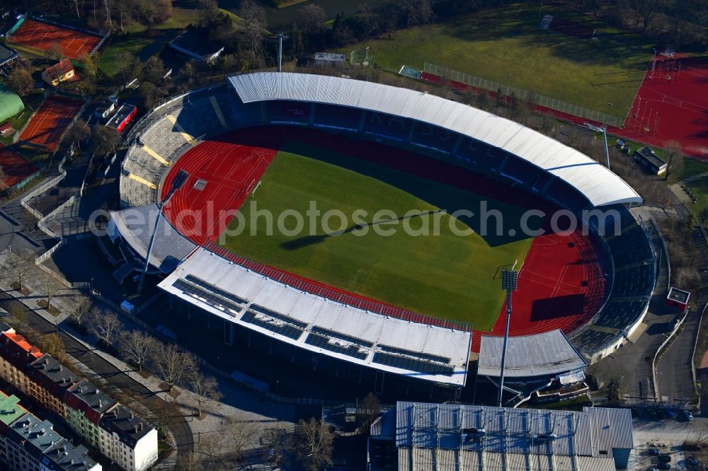 Kassel from above - Sports facility grounds of the Arena stadium Auestadion in Kassel in the state Hesse, Germany