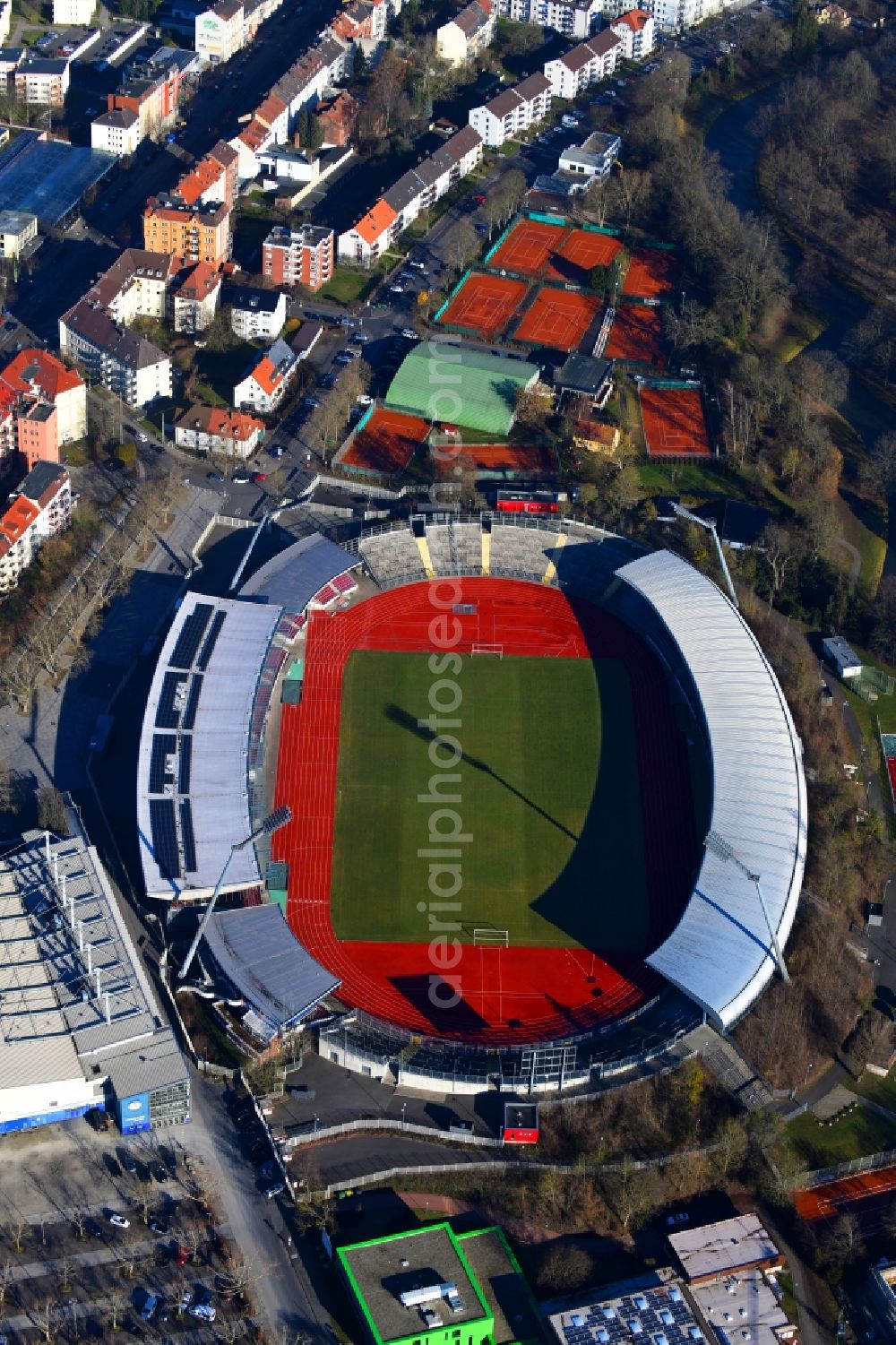 Aerial photograph Kassel - Sports facility grounds of the Arena stadium Auestadion in Kassel in the state Hesse, Germany