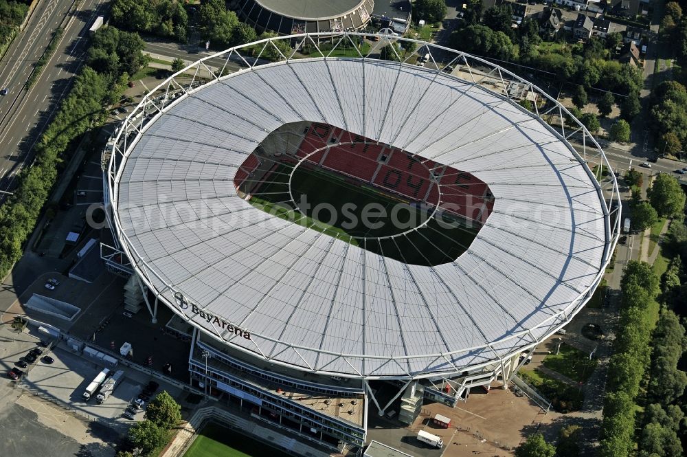 Leverkusen from the bird's eye view: Construction sites Sports facility grounds of the Arena stadium BayArena of Fussballvereins Bayer 04 Leverkusen in the district Wiesdorf in Leverkusen in the state North Rhine-Westphalia, Germany