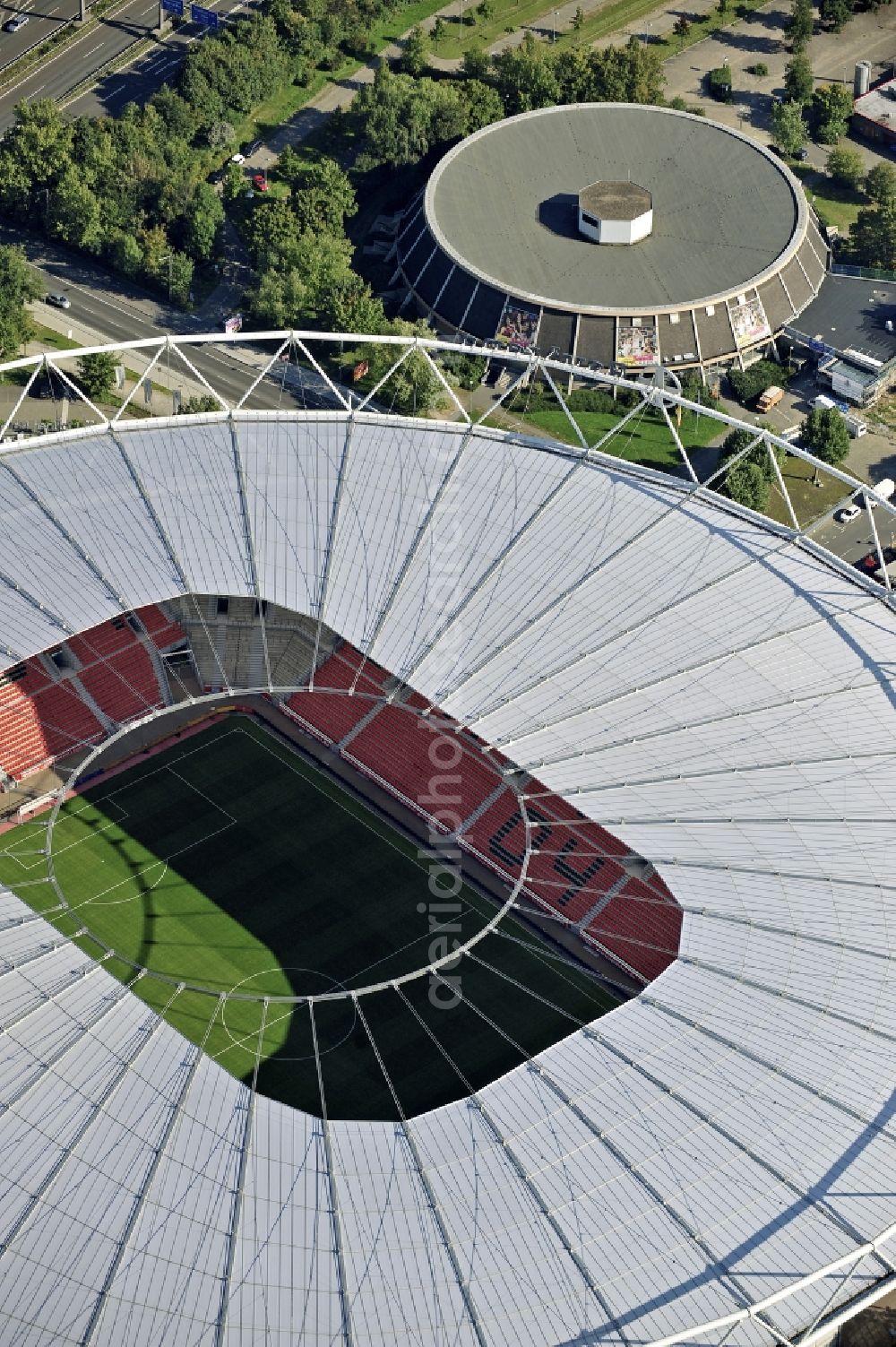 Leverkusen from above - Construction sites Sports facility grounds of the Arena stadium BayArena of Fussballvereins Bayer 04 Leverkusen in the district Wiesdorf in Leverkusen in the state North Rhine-Westphalia, Germany