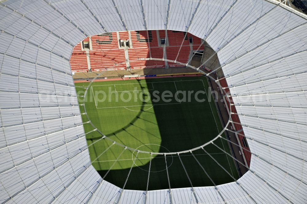 Leverkusen from the bird's eye view: Construction sites Sports facility grounds of the Arena stadium BayArena of Fussballvereins Bayer 04 Leverkusen in the district Wiesdorf in Leverkusen in the state North Rhine-Westphalia, Germany