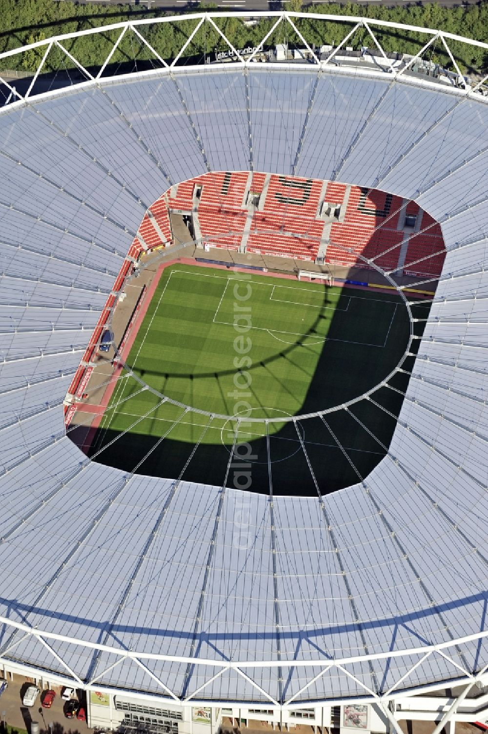 Aerial photograph Leverkusen - Construction sites Sports facility grounds of the Arena stadium BayArena of Fussballvereins Bayer 04 Leverkusen in the district Wiesdorf in Leverkusen in the state North Rhine-Westphalia, Germany