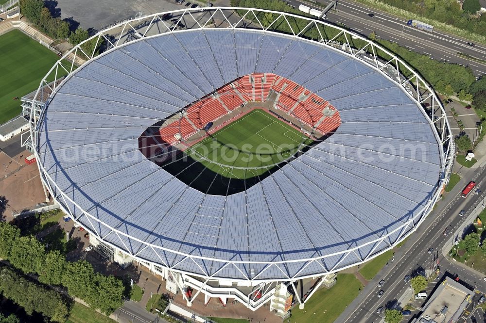 Leverkusen from the bird's eye view: Construction sites Sports facility grounds of the Arena stadium BayArena of Fussballvereins Bayer 04 Leverkusen in the district Wiesdorf in Leverkusen in the state North Rhine-Westphalia, Germany