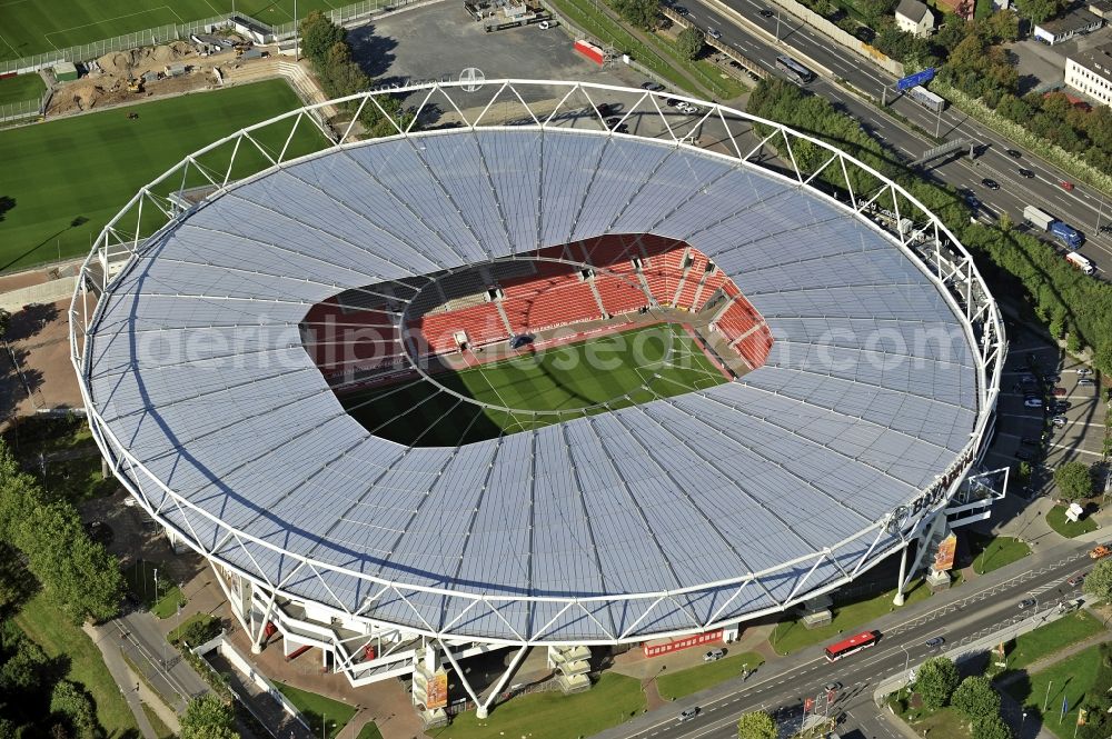 Aerial image Leverkusen - Construction sites Sports facility grounds of the Arena stadium BayArena of Fussballvereins Bayer 04 Leverkusen in the district Wiesdorf in Leverkusen in the state North Rhine-Westphalia, Germany