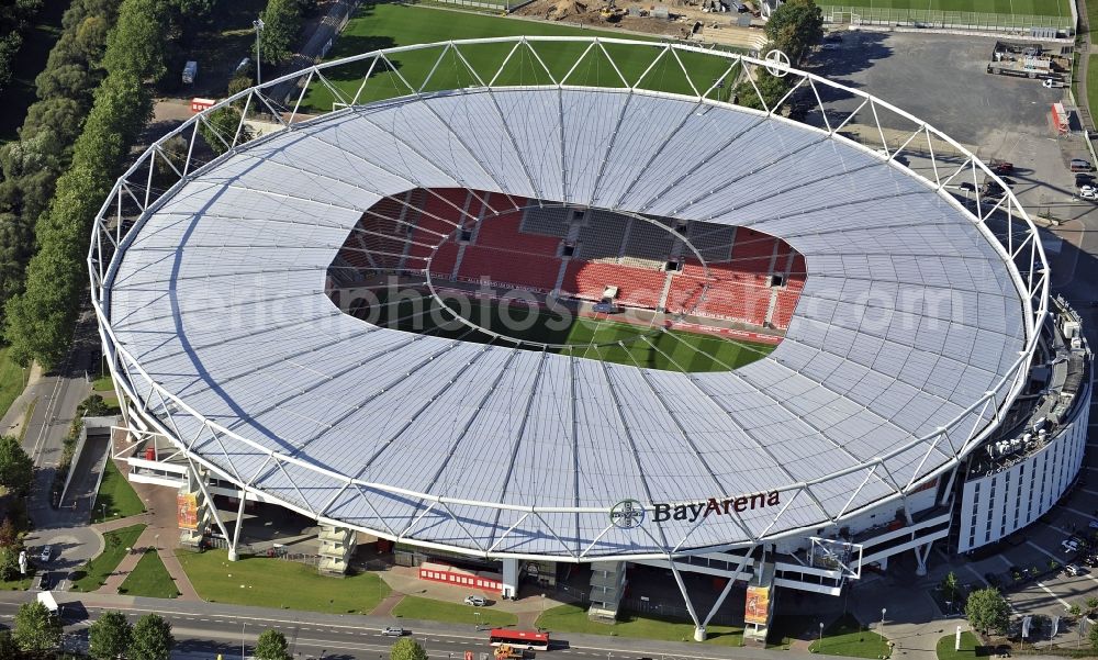 Leverkusen from above - Construction sites Sports facility grounds of the Arena stadium BayArena of Fussballvereins Bayer 04 Leverkusen in the district Wiesdorf in Leverkusen in the state North Rhine-Westphalia, Germany