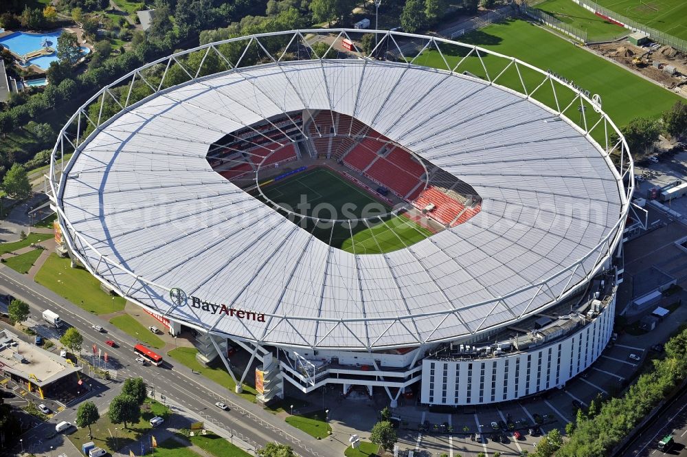 Aerial image Leverkusen - Construction sites Sports facility grounds of the Arena stadium BayArena of Fussballvereins Bayer 04 Leverkusen in the district Wiesdorf in Leverkusen in the state North Rhine-Westphalia, Germany