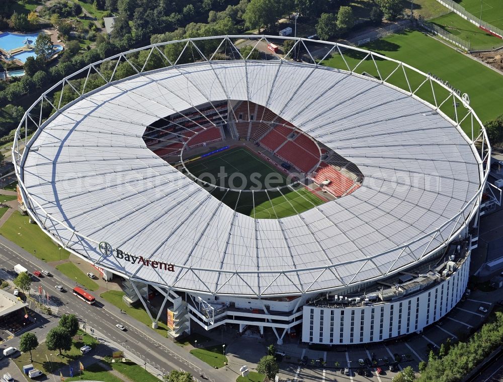 Aerial photograph Leverkusen - Construction sites Sports facility grounds of the Arena stadium BayArena of Fussballvereins Bayer 04 Leverkusen in the district Wiesdorf in Leverkusen in the state North Rhine-Westphalia, Germany