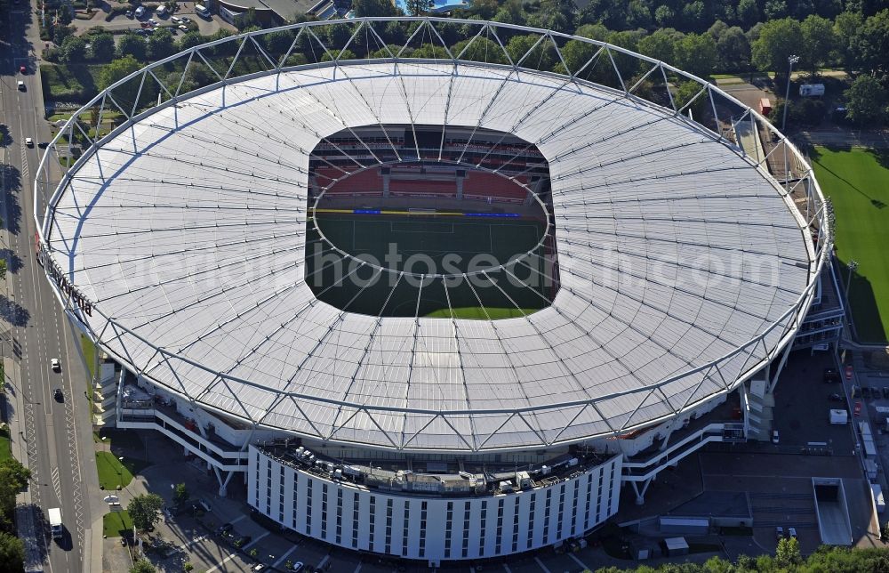 Leverkusen from above - Construction sites Sports facility grounds of the Arena stadium BayArena of Fussballvereins Bayer 04 Leverkusen in the district Wiesdorf in Leverkusen in the state North Rhine-Westphalia, Germany