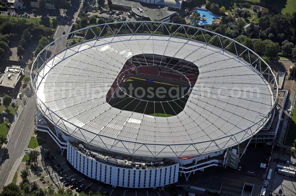 Leverkusen from the bird's eye view: Construction sites Sports facility grounds of the Arena stadium BayArena of Fussballvereins Bayer 04 Leverkusen in the district Wiesdorf in Leverkusen in the state North Rhine-Westphalia, Germany