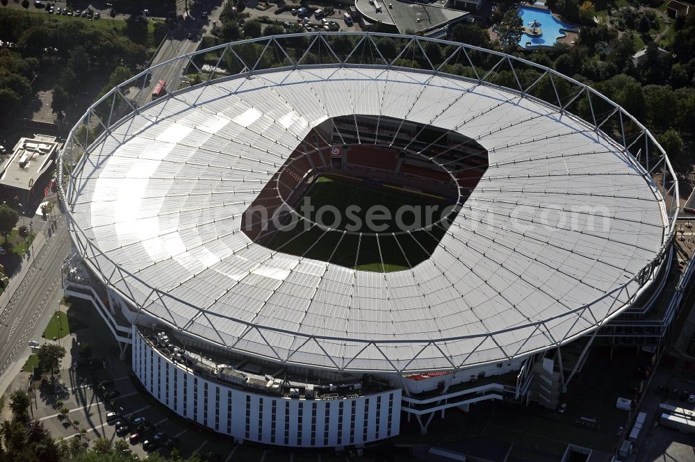 Aerial image Leverkusen - Construction sites Sports facility grounds of the Arena stadium BayArena of Fussballvereins Bayer 04 Leverkusen in the district Wiesdorf in Leverkusen in the state North Rhine-Westphalia, Germany