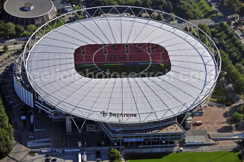 Leverkusen from the bird's eye view: Construction sites Sports facility grounds of the Arena stadium BayArena of Fussballvereins Bayer 04 Leverkusen in the district Wiesdorf in Leverkusen in the state North Rhine-Westphalia, Germany