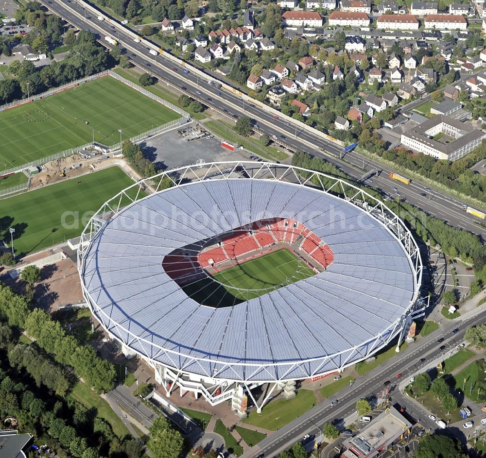 Leverkusen from above - Construction sites Sports facility grounds of the Arena stadium BayArena of Fussballvereins Bayer 04 Leverkusen in the district Wiesdorf in Leverkusen in the state North Rhine-Westphalia, Germany