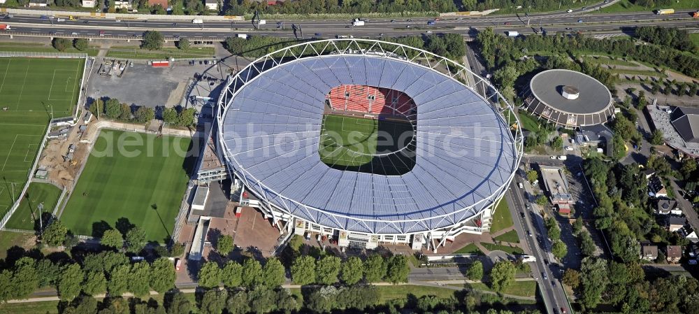 Leverkusen from above - Construction sites Sports facility grounds of the Arena stadium BayArena of Fussballvereins Bayer 04 Leverkusen in the district Wiesdorf in Leverkusen in the state North Rhine-Westphalia, Germany