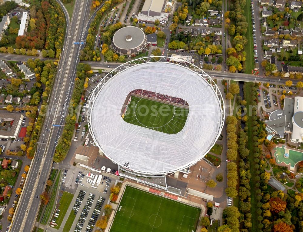 Aerial image Leverkusen - Construction sites Sports facility grounds of the Arena stadium BayArena of Fussballvereins Bayer 04 Leverkusen in the district Wiesdorf in Leverkusen in the state North Rhine-Westphalia, Germany