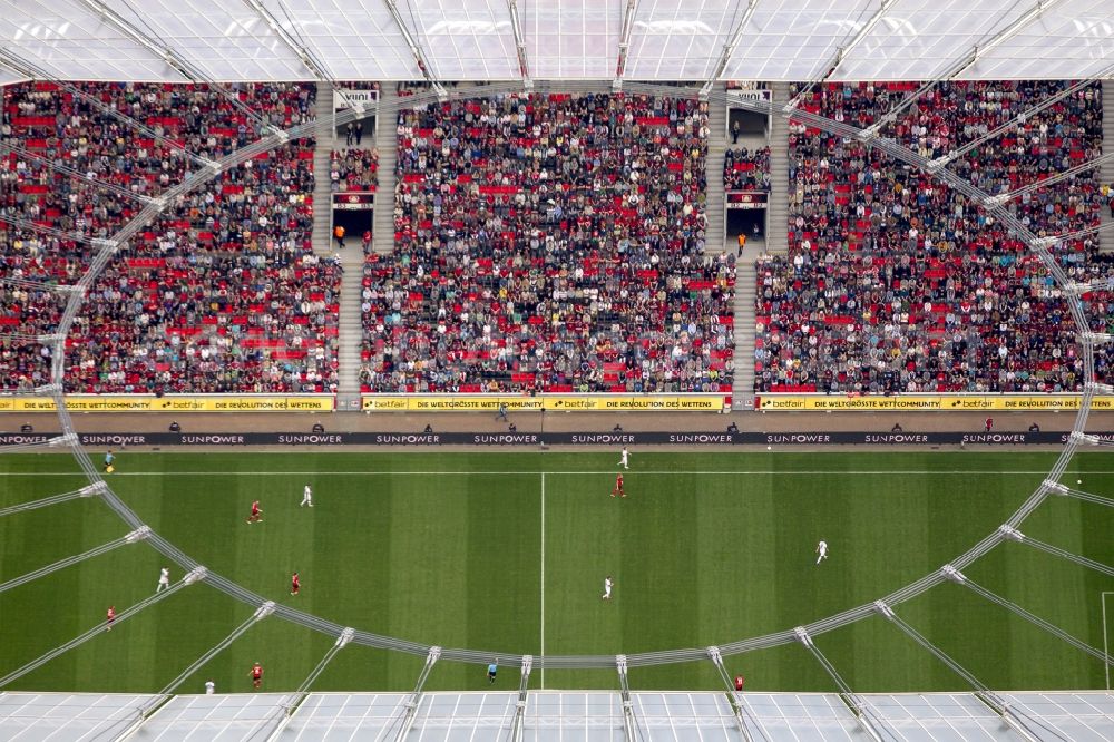 Leverkusen from above - Construction sites Sports facility grounds of the Arena stadium BayArena of Fussballvereins Bayer 04 Leverkusen in the district Wiesdorf in Leverkusen in the state North Rhine-Westphalia, Germany