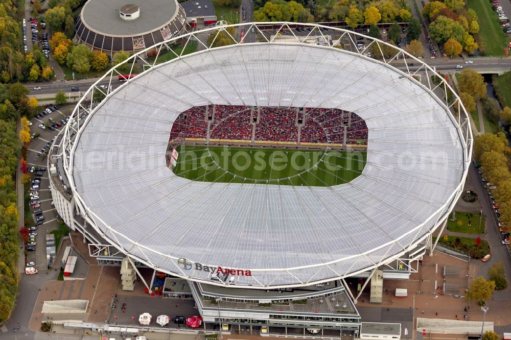 Aerial image Leverkusen - Construction sites Sports facility grounds of the Arena stadium BayArena of Fussballvereins Bayer 04 Leverkusen in the district Wiesdorf in Leverkusen in the state North Rhine-Westphalia, Germany