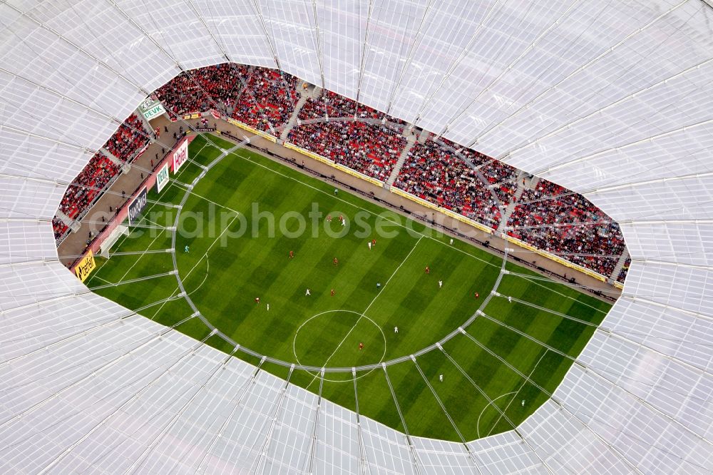 Aerial photograph Leverkusen - Construction sites Sports facility grounds of the Arena stadium BayArena of Fussballvereins Bayer 04 Leverkusen in the district Wiesdorf in Leverkusen in the state North Rhine-Westphalia, Germany